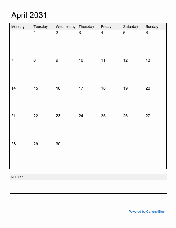 Basic Monthly Calendar Template for April 2031