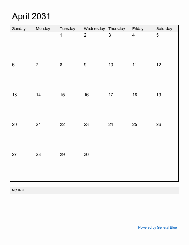 Basic Monthly Calendar Template for April 2031