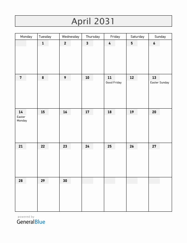 Anguilla April 2031 Calendar with Holidays