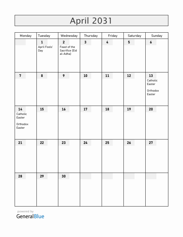 Albania April 2031 Calendar with Holidays