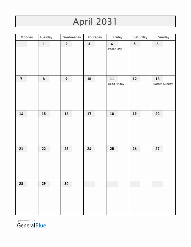 Angola April 2031 Calendar with Holidays