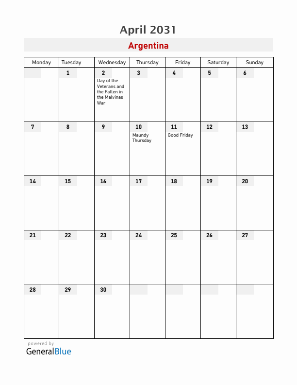 Argentina April 2031 Calendar with Holidays