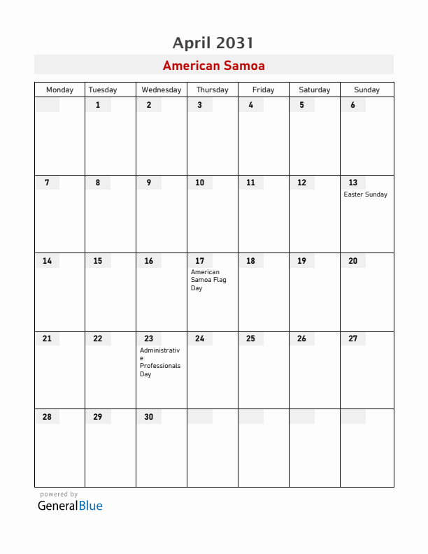 American Samoa April 2031 Calendar with Holidays