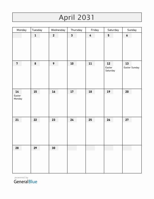Austria April 2031 Calendar with Holidays