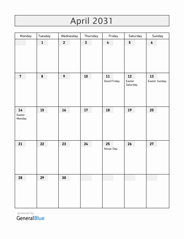 Australia April 2031 Calendar with Holidays