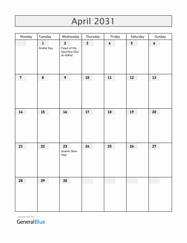 Bahrain April 2031 Calendar with Holidays