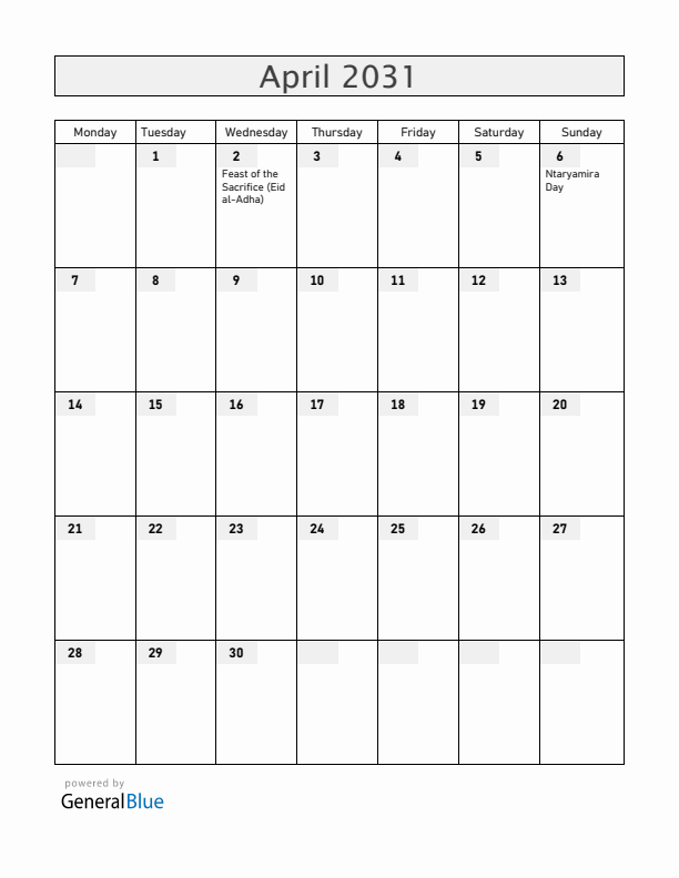 Burundi April 2031 Calendar with Holidays