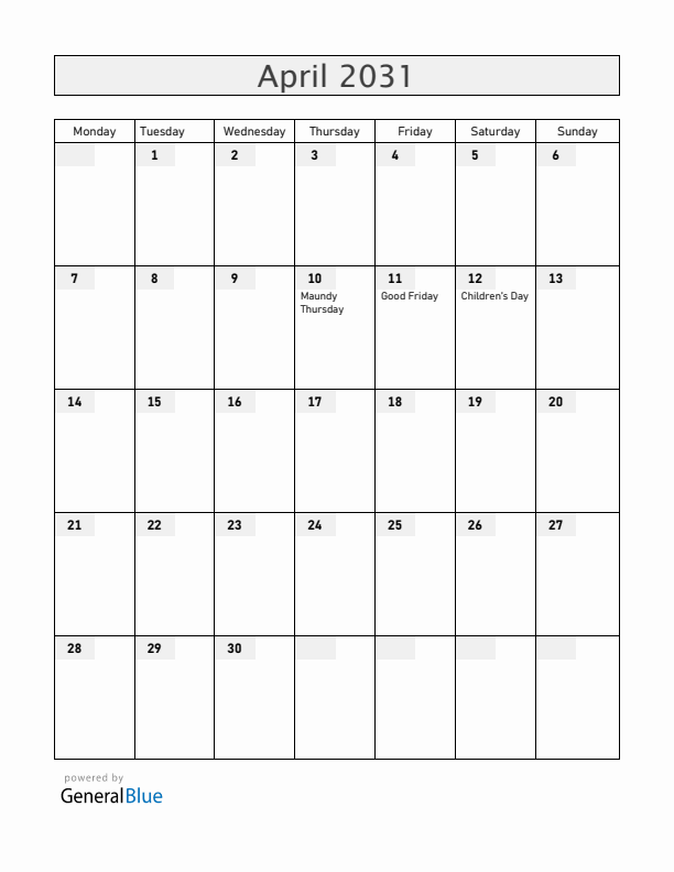 Bolivia April 2031 Calendar with Holidays