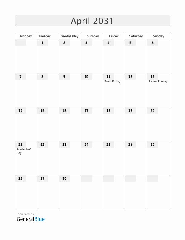 Brazil April 2031 Calendar with Holidays