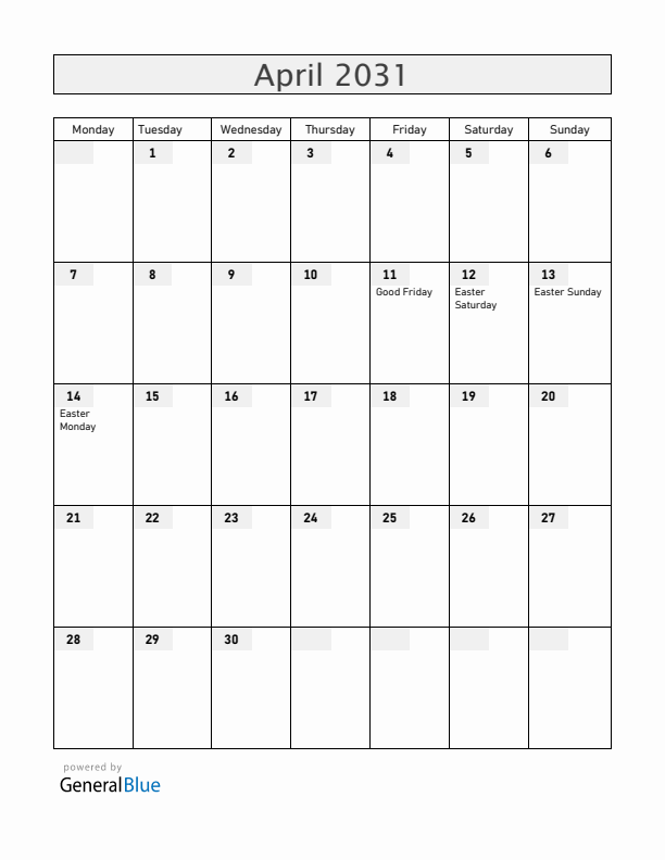 Belize April 2031 Calendar with Holidays