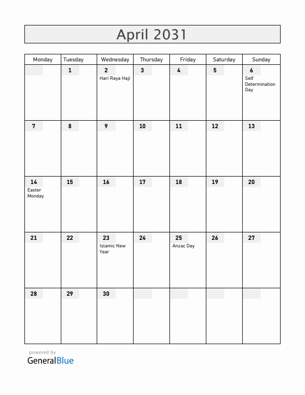 Cocos Islands April 2031 Calendar with Holidays