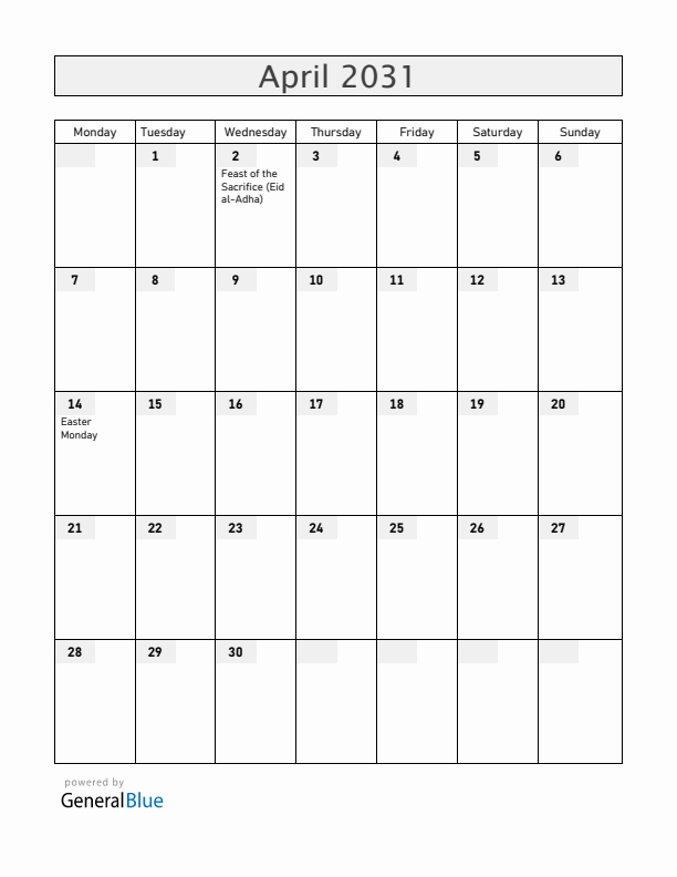 Central African Republic April 2031 Calendar with Holidays