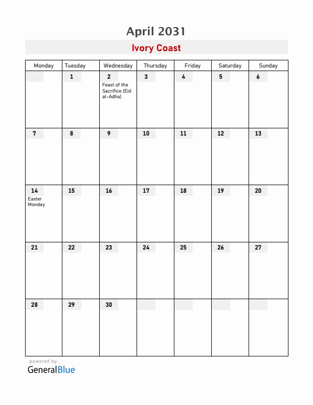 Ivory Coast April 2031 Calendar with Holidays