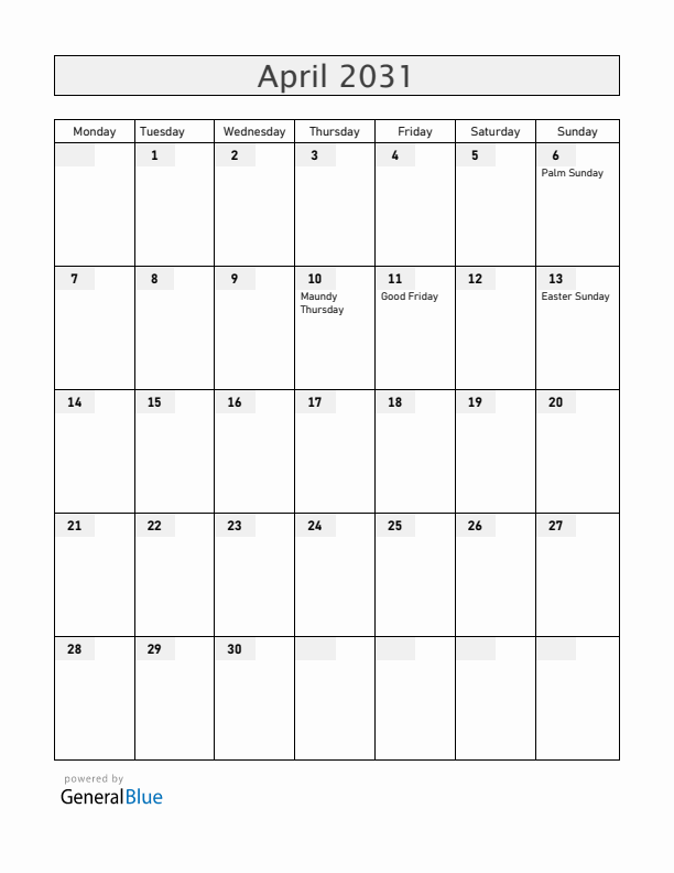 Colombia April 2031 Calendar with Holidays