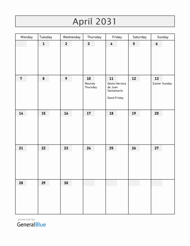 Costa Rica April 2031 Calendar with Holidays