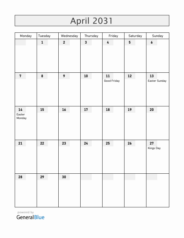 Curacao April 2031 Calendar with Holidays