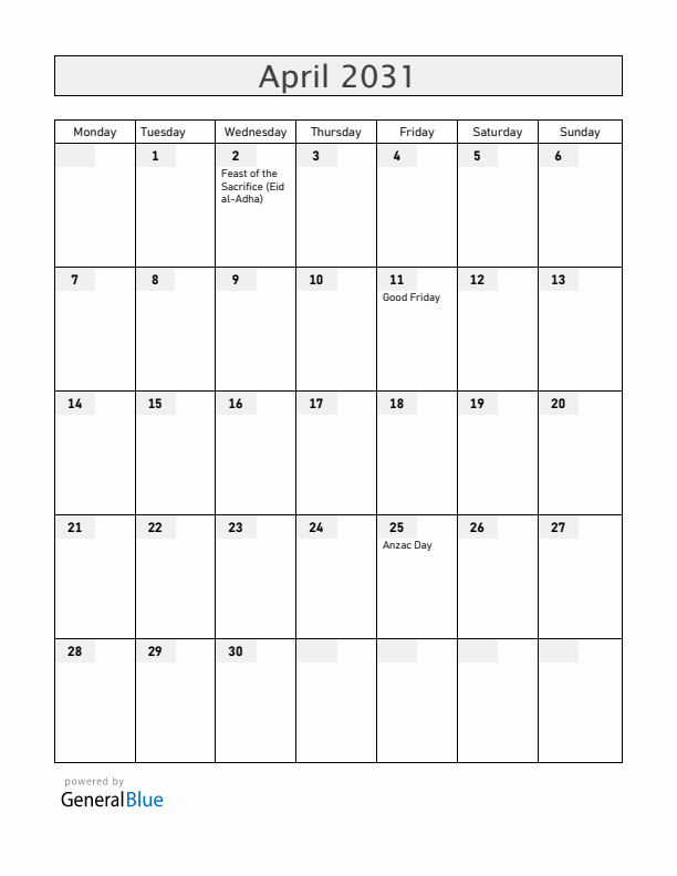 Christmas Island April 2031 Calendar with Holidays