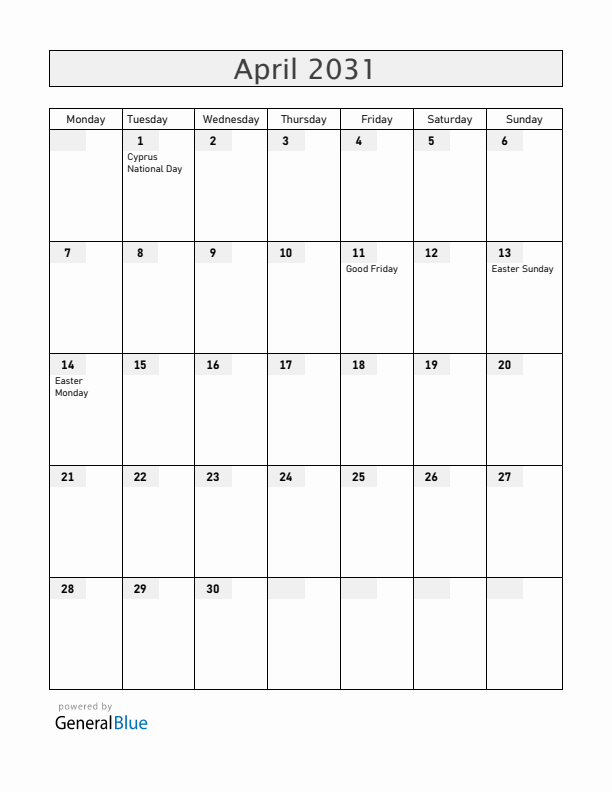 Cyprus April 2031 Calendar with Holidays