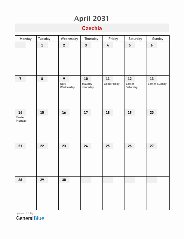 Czechia April 2031 Calendar with Holidays