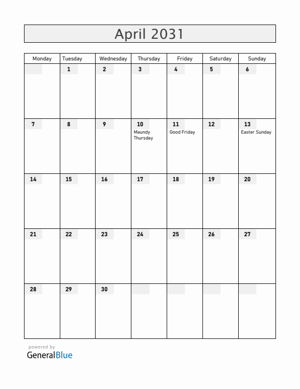 Ecuador April 2031 Calendar with Holidays