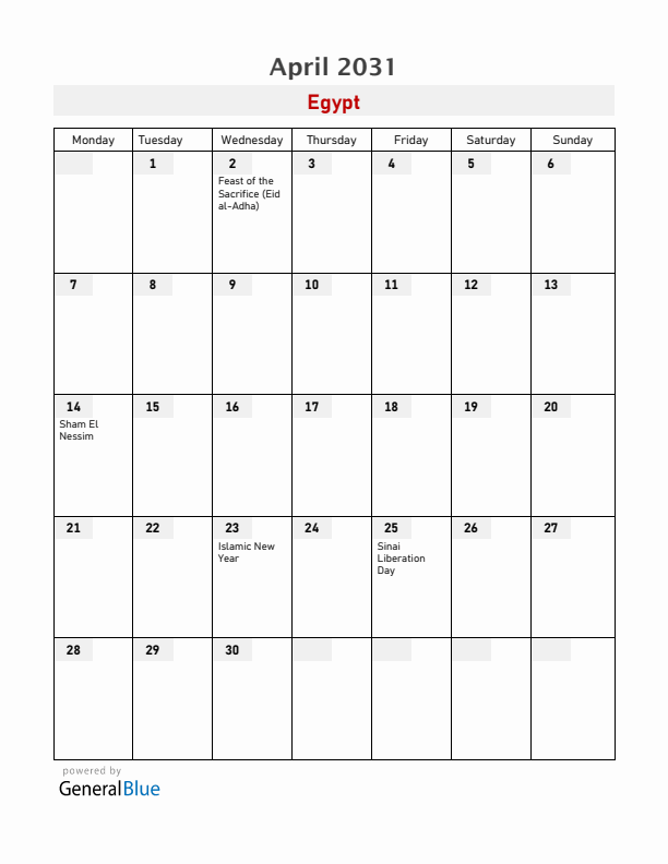 Egypt April 2031 Calendar with Holidays
