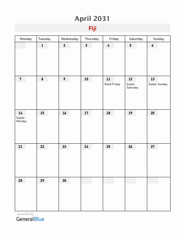Fiji April 2031 Calendar with Holidays
