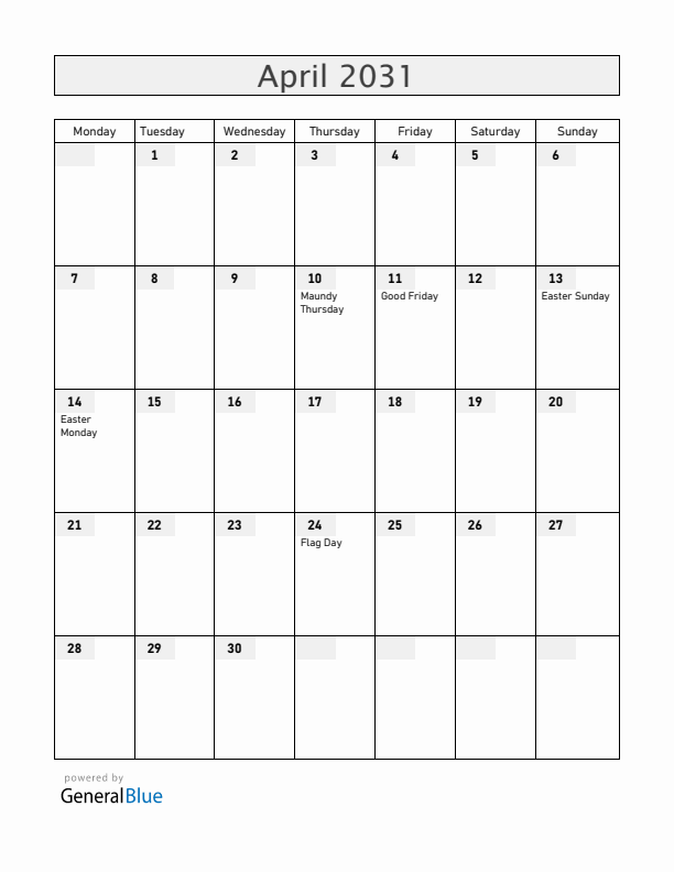 Faroe Islands April 2031 Calendar with Holidays