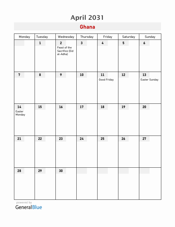 Ghana April 2031 Calendar with Holidays