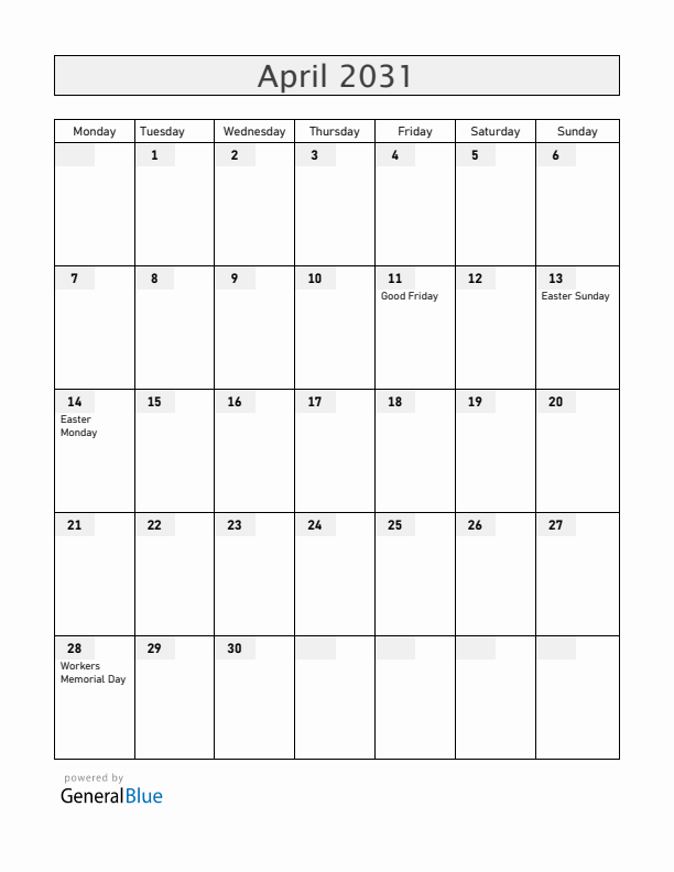 Gibraltar April 2031 Calendar with Holidays