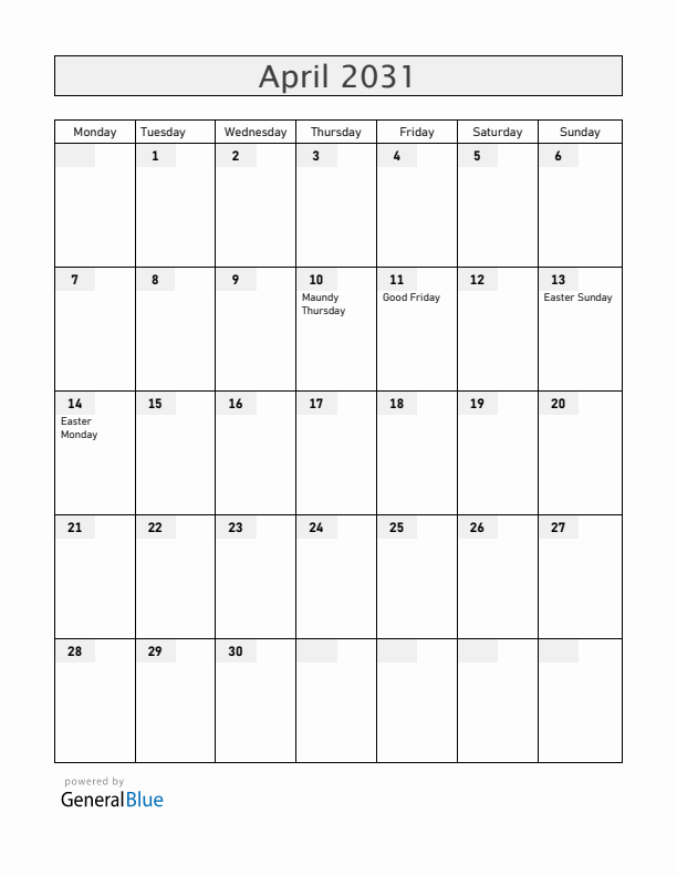 Greenland April 2031 Calendar with Holidays