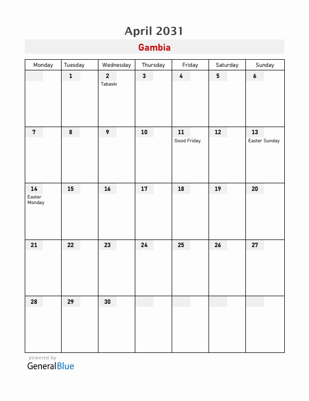 Gambia April 2031 Calendar with Holidays