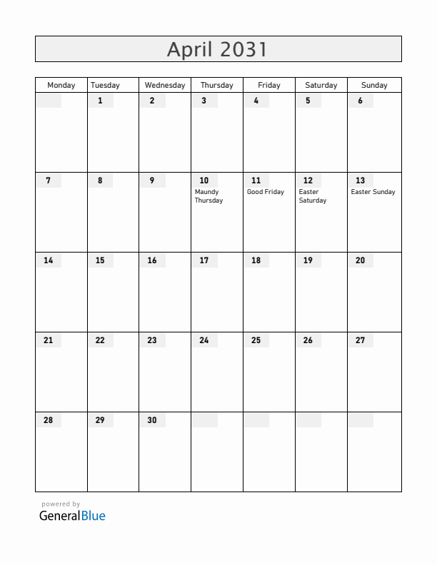 Guatemala April 2031 Calendar with Holidays
