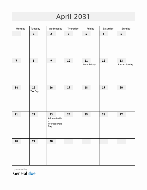 Guam April 2031 Calendar with Holidays