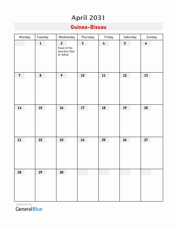 Guinea-Bissau April 2031 Calendar with Holidays