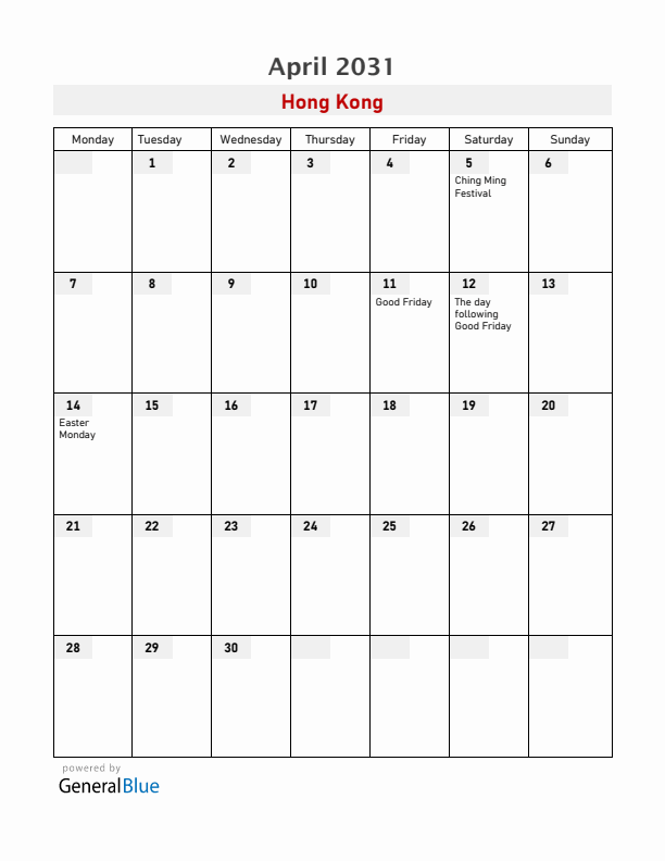 Hong Kong April 2031 Calendar with Holidays