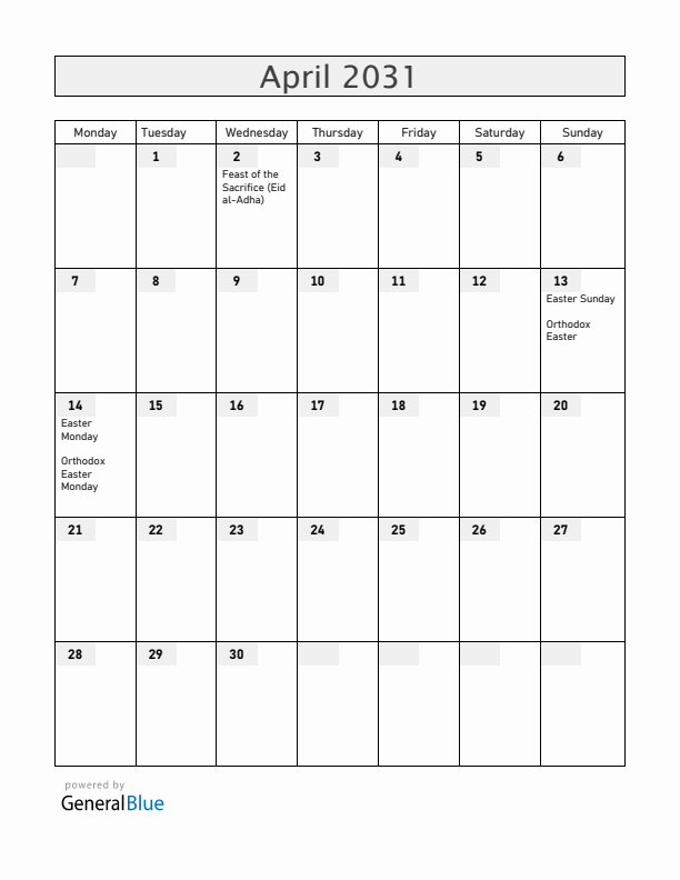 Croatia April 2031 Calendar with Holidays