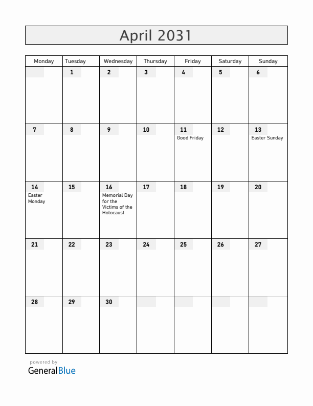 Hungary April 2031 Calendar with Holidays