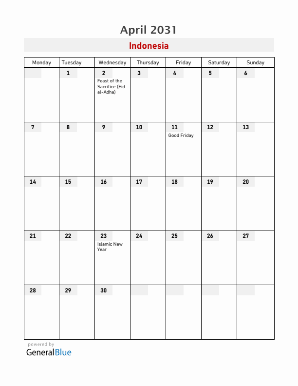 Indonesia April 2031 Calendar with Holidays