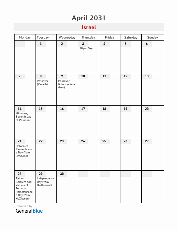 Israel April 2031 Calendar with Holidays
