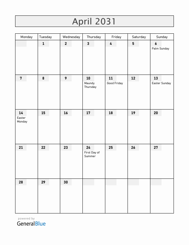 Iceland April 2031 Calendar with Holidays