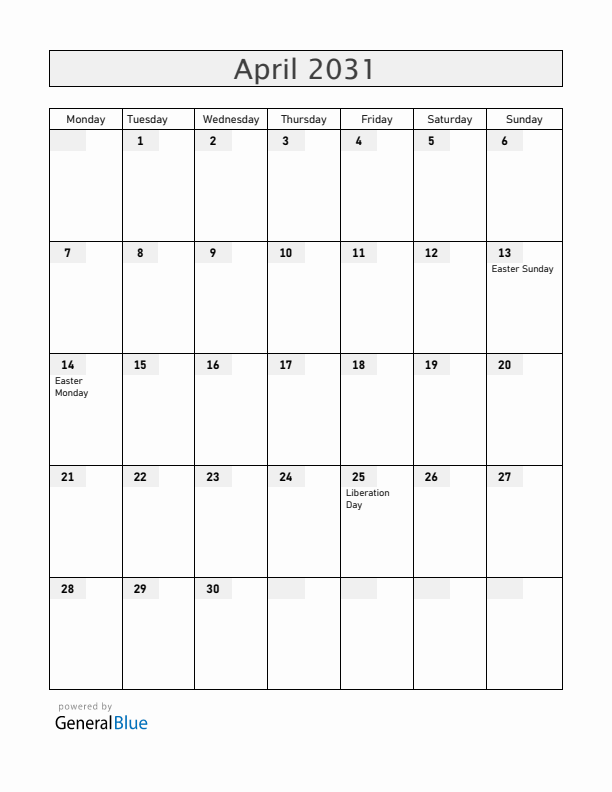 Italy April 2031 Calendar with Holidays