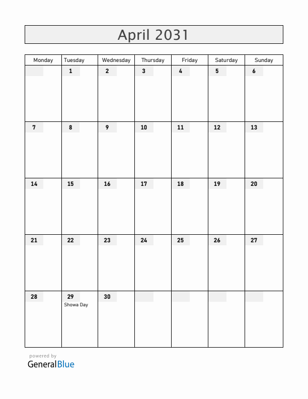 Japan April 2031 Calendar with Holidays
