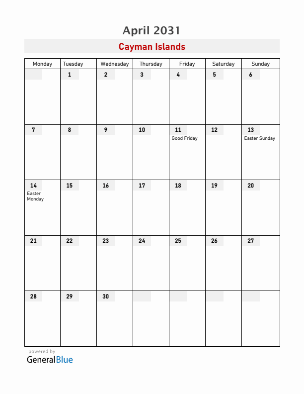 Cayman Islands April 2031 Calendar with Holidays