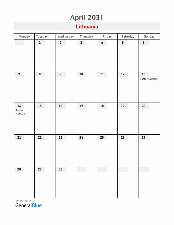 Lithuania April 2031 Calendar with Holidays