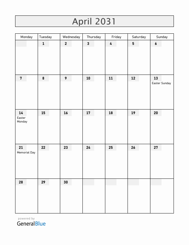 Moldova April 2031 Calendar with Holidays