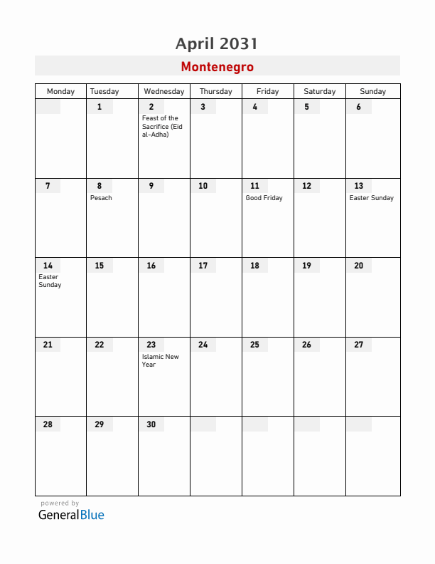 Montenegro April 2031 Calendar with Holidays