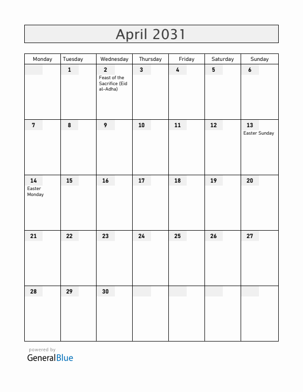 Madagascar April 2031 Calendar with Holidays