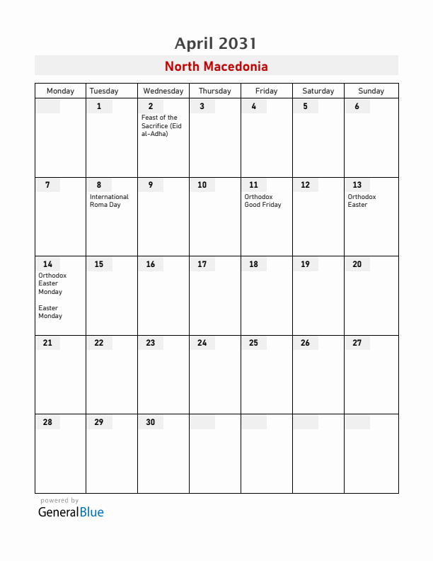 North Macedonia April 2031 Calendar with Holidays