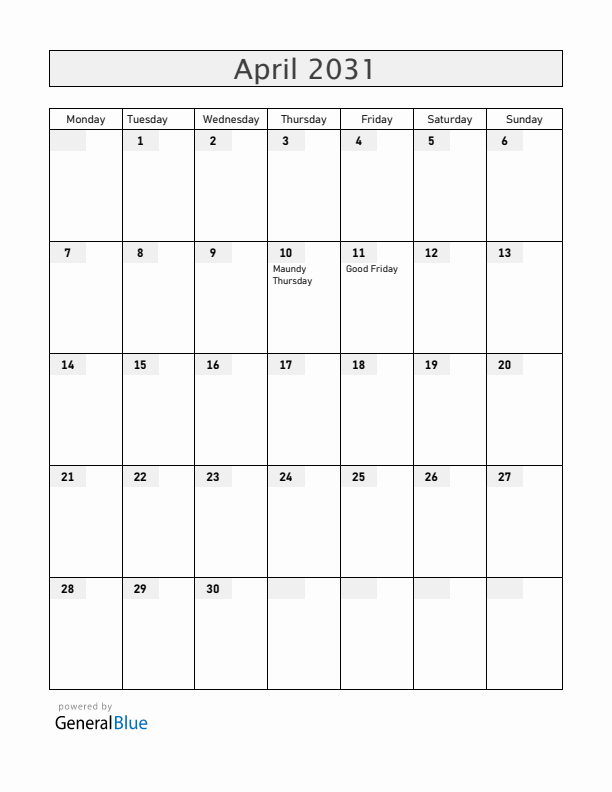Mexico April 2031 Calendar with Holidays