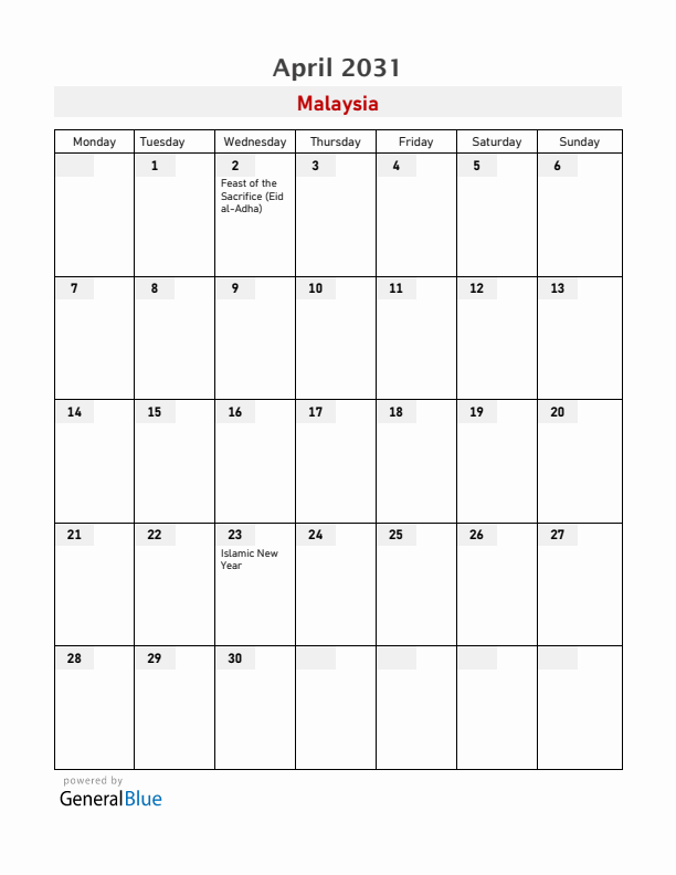 Malaysia April 2031 Calendar with Holidays